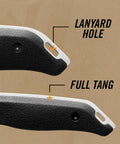 Close-up of lanyard holes and full tang on Field Dressing Kit With Gut Hook Knife And Small Caping Blade for Game Processing.
