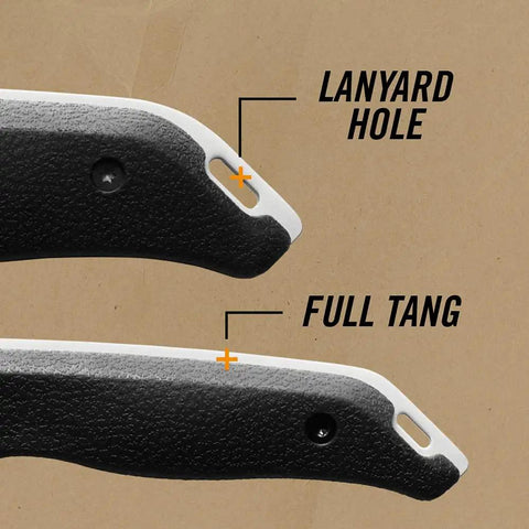 Close-up of lanyard holes and full tang on Field Dressing Kit With Gut Hook Knife And Small Caping Blade for Game Processing.