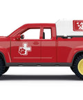 Red toy vet rescue truck from Farm Vet Playset With 29 Piece Veterinarian Figures Truck Cow Figurine And Accessories Kid Friendly 3 Plus Realistic Vet Hospital Role Play On The Farm For Fun.