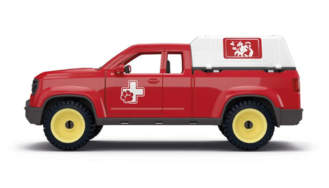 Red toy vet rescue truck from Farm Vet Playset With 29 Piece Veterinarian Figures Truck Cow Figurine And Accessories Kid Friendly 3 Plus Realistic Vet Hospital Role Play On The Farm For Fun.
