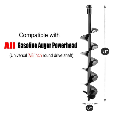 Seven Eighths Inch Shaft 31 Inch Length Auger Drill Bit for Gas Power Heads Beefed Up Heavy Duty Ground And Ice Digger With Tungsten Carbide Cutting Tip Six Inch Bore Black Finish