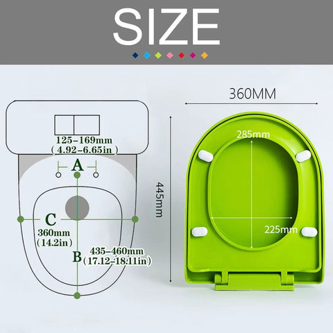 Dimension diagram of Premium White Oval Toilet Seat Featuring Heavy Duty Soft Close Action And Hassle Free Quick Release Hardware.