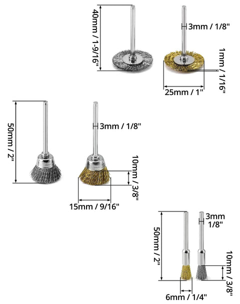 QWORK 36-piece brass and stainless steel wire brush kit for rotary tools; front view shows disc and cup brushes.