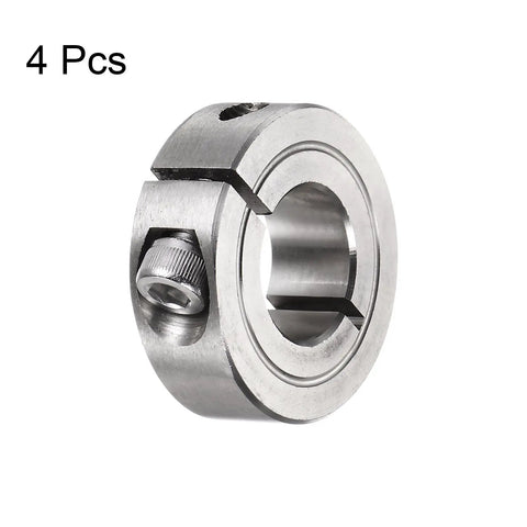Four Pack Five Eighth Inch Split Clamp-On Shaft Collars With One And Five Sixteenths Inch Outer Diameter And Seven Sixteenths Inch Width 304 Stainless Steel Set Screw Style