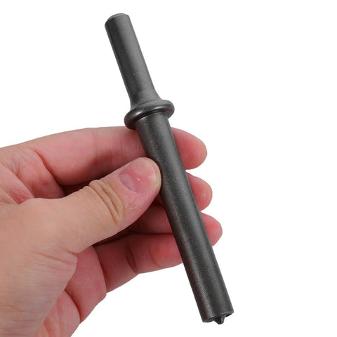 Pneumatic Air Hammer Tool Kit With Solid And Semi Hollow Rivet Heads Steel Construction And Spring Included For Easy Auto Body Smoothing Sheet Metal Shaping And Pro Grade Automotive Repair black steel rivet head held in hand