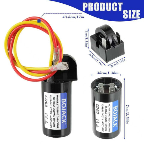 Air Conditioner Hard Start Kit 8333A9021 Replacement Capacitor Kit with start capacitor, PTCR device, wires, and product dimensions.