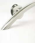 Close-up of the 30 Inch Crescent Curved Shower Grab Bar Built Tough In Polished 304 Stainless Steel One Piece Welded Cap 250 Pound Weight