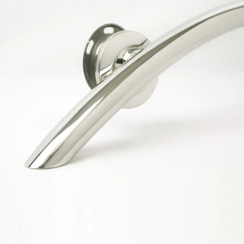 Close-up of the 30 Inch Crescent Curved Shower Grab Bar Built Tough In Polished 304 Stainless Steel One Piece Welded Cap 250 Pound Weight