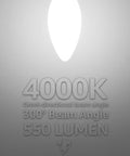 Dimmable LED Filament Candle Bulbs 60W Equivalent 550LM E12 Frosted Glass Works With Most Dimmers For Chandeliers And Ceiling Fans 4000K Cool White UL Listed 360 Degree Glow No Buzz No Flicker 10 Percent To 100 Percent Dimming image showing 4000K light glow and specifications.