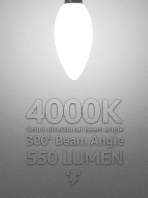 Dimmable LED Filament Candle Bulbs 60W Equivalent 550LM E12 Frosted Glass Works With Most Dimmers For Chandeliers And Ceiling Fans 4000K Cool White UL Listed 360 Degree Glow No Buzz No Flicker 10 Percent To 100 Percent Dimming image showing 4000K light glow and specifications.