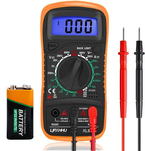 Go-To DIY Ready Multimeter Volt Meter 2000 Counts Digital Tester with probes and 9V battery, backlit LCD display