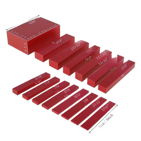 Dead Nuts Accurate Aluminum Height Gauge Block Set Featuring Crisp Etched Inch Measurements For Locking In Router Tables And Table Saws Rock Solid Workshop Essentials Black, set of red aluminum blocks with inch measurements.