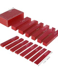 Real Deal Inch Precision Gauge Block Set With Heavy Duty Aluminum Setup Bars For Dead On Router And Table Saw Calibration, red blocks with etched sizes.