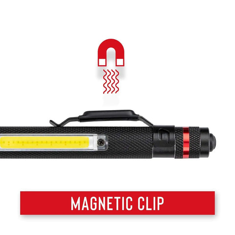 Pocket Sized Magnetic LED Penlight With Dual Power Alkaline Battery And COB Area Light featuring magnetic clip and durable design