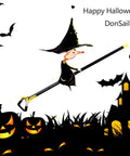 Cartoon witch flying on an Adjustable Long Handle Stirrup Hoe against a Halloween-themed background