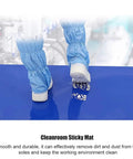 Heavy Duty 300 Sheet Peel Away Floor Mat, Industrial Cleanroom Adhesive Trap, Gray 24 By 36 Inch Dust Catcher For Boots And Cart Wheels, showing blue boots on a sticky mat.