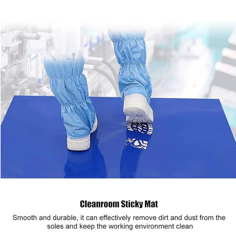 Heavy Duty 300 Sheet Peel Away Floor Mat, Industrial Cleanroom Adhesive Trap, Gray 24 By 36 Inch Dust Catcher For Boots And Cart Wheels, showing blue boots on a sticky mat.