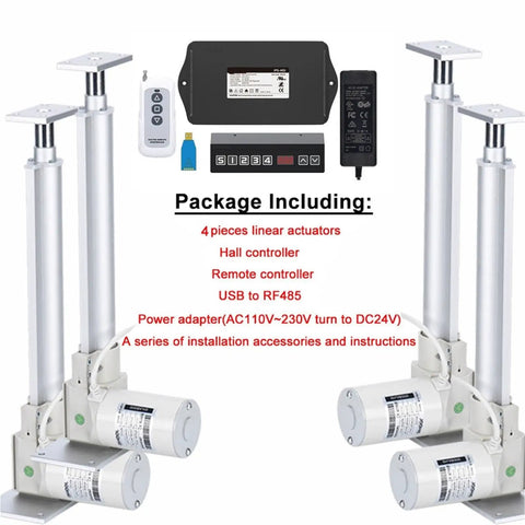 Set Of Four Heavy Duty 24V Linear Actuators With Control Hall Module Delivering Damn Smooth Operation And Totally Legit 8000N Thrust For Shop Projects That Will Absolutely Crush Expectations And Run Slick Always, showing two actuators and control modules.