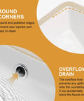 Undermount 21x14 Inch White Ceramic Bathroom Sink with overflow drain and round corners, rectangular vanity lavatory basin.