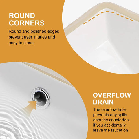 Undermount 21x14 Inch White Ceramic Bathroom Sink with overflow drain and round corners, rectangular vanity lavatory basin.