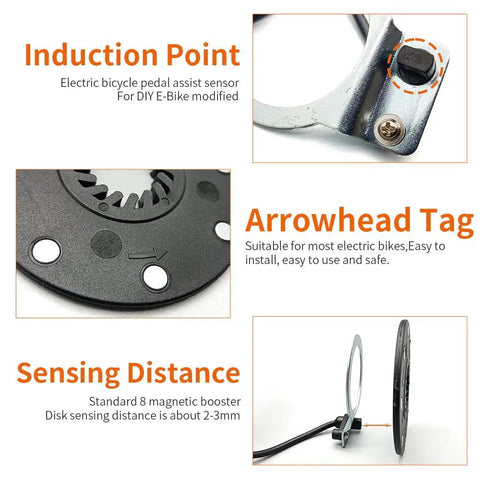 Electric Bicycle KT PAS 8 Magnet Speed Sensor For Ebike Power Pedal Assist System With Waterproof 3 Pin SM Plug 1to1 Power Assist 8 Magnets Ideal For Most Bikes And Ebike Conversion Kit Long Cable showcasing induction point, arrowhead tag, and sensing distance