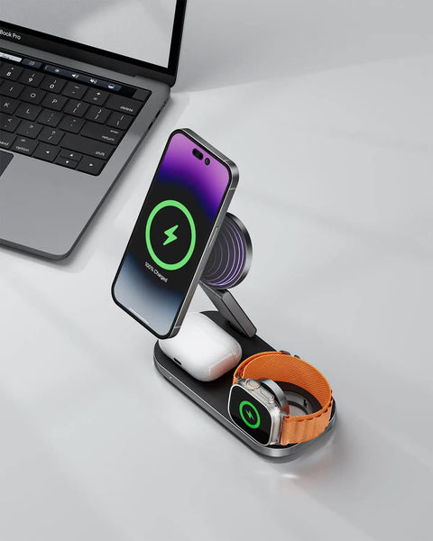 3 In 1 Wireless Charging Stand With Qi2 25W Fast Charge Foldable MagSafe Dock With iPhone, Apple Watch, AirPods by laptop