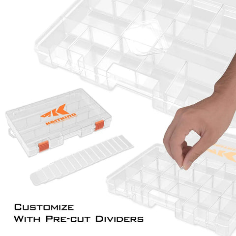 Durable Plastic Tackle Box Set With Removable Dividers For Easy Gear Organization, BPA Free 3600 Tackle Trays, 3-18 Adjustable Compartments, Sturdy Fishing Parts Box, 10.8 X 7.25 X 1.65 Inches, 2 Pack And 4 Pack Options shown with dividers and hand