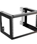 6U Wall Mount Open Frame Rack 13.3 To 18 Inch Adjustable Depth Black Standard 19 Inch Compatible Cabinet showing a sturdy frame for mounting equipment.