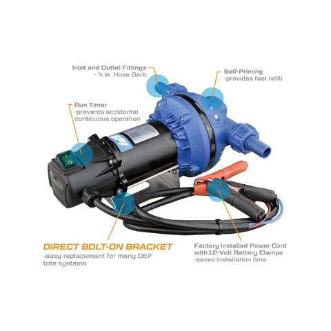 Heavy Duty 12 Volt Def Transfer Pump Handles 8 Gpm Antifreeze Or Washer Fluid No Sweat Compatible With Water Based Solutions Featuring Secure Hose Barb Connections For Easy Transfer with inlet and outlet fittings.