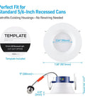 TORCHSTAR 4-Pack 6CCT 6 Inch LED Recessed Lighting Retrofit, Dim to Warm installation template and measurements.