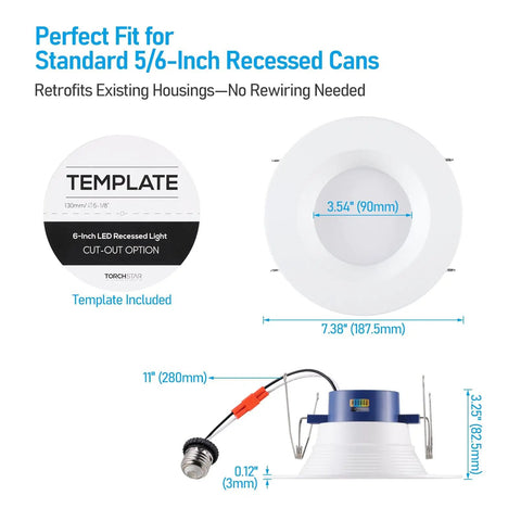 TORCHSTAR 4-Pack 6CCT 6 Inch LED Recessed Lighting Retrofit, Dim to Warm installation template and measurements.