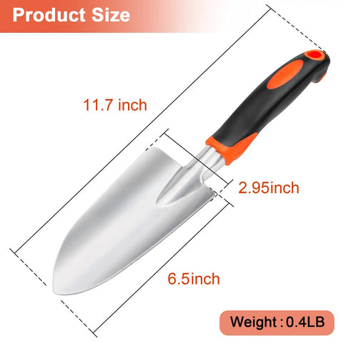 Workhorse Heavy Duty Aluminum Garden Shovel With Ergonomic Handle dimensions 11.7 x 2.95 x 6.5 inches, weight 0.4 lb, orange handle