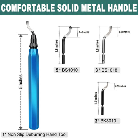 Deburring tool with blue metal handle and 11-piece blade set (5x BS1010, 3x BS1018, 3x BK3010) for edge trimming