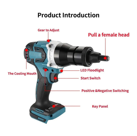 Beefy Brushless Electric Rivet Gun Kit With Automatic Riveter Heads Pro Grade Riveter Tool Set, labeled parts overview