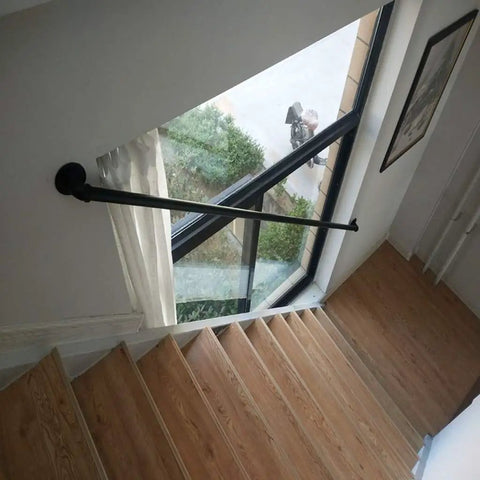 Rock Solid Adjustable Stair Banister Handrail One To Twenty Feet Indoor Outdoor Loft Railing With Hella Smooth Wrought Iron Galvanized Pipe and Industrial Wall Mounted Non Slip Safety Grip Heavy Duty Metal on staircase.