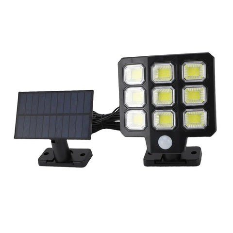 Eminchu Solar Flood Light for Patio Yard, 240 LED with solar panel, motion sensor, and 10 LED bulbs.