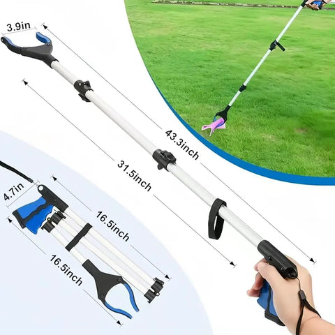 43 Inch Long Reach Grabber Tool With Foldable Design, 360 Degree Rotating Jaw And Magnetic Pickup, Extra Long Trash Picker Upper, Lightweight Senior Friendly Reacher For Cleaning And Pickup, Blue