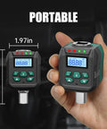 Half Inch Digital Torque Wrench Adapter Turns Any Ratchet Into A Pro Torque Tool 7.5 To 250 Ft Lb (10 To 340 Nm) With 2 Percent Accuracy Includes Case, Two Socket Adapters, Mini Screwdriver, Calibration Certificate, And Manual portable 1/2-inch digital torque adapter in hand, 1.97 x 2.95 in