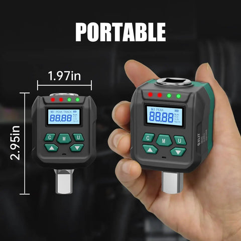 Half Inch Digital Torque Wrench Adapter Turns Any Ratchet Into A Pro Torque Tool 7.5 To 250 Ft Lb (10 To 340 Nm) With 2 Percent Accuracy Includes Case, Two Socket Adapters, Mini Screwdriver, Calibration Certificate, And Manual portable 1/2-inch digital torque adapter in hand, 1.97 x 2.95 in