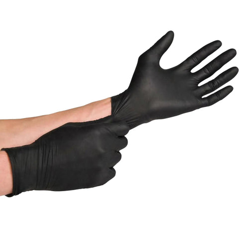Person wearing Heavy Duty Black Nitrile Gloves 7 Mil 100 Pack Large L Full Palm Textured Ambidextrous Latex Free Powder Free gloves