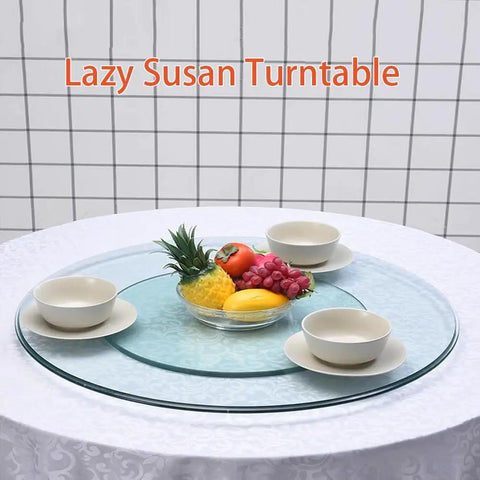 Heavy Duty 40 Inch Tempered Glass Lazy Susan Turntable With Quiet Aluminum Rollers For Butter Smooth 360 Spins and Zero Hassle Serving At Your Next Backyard Bash with fruits and bowls