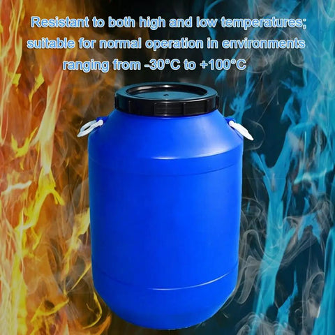Blue Go To Large Open Top Plastic Storage Barrel 30L HDPE Drum With Wide Mouth Screw Lid against fiery background