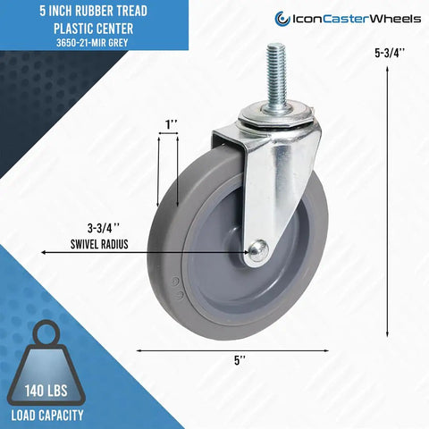 Five Inch Non Marking Rubber Caster Wheels Four Pack With Standard Threading Stem, grey rubber wheel with measurements.