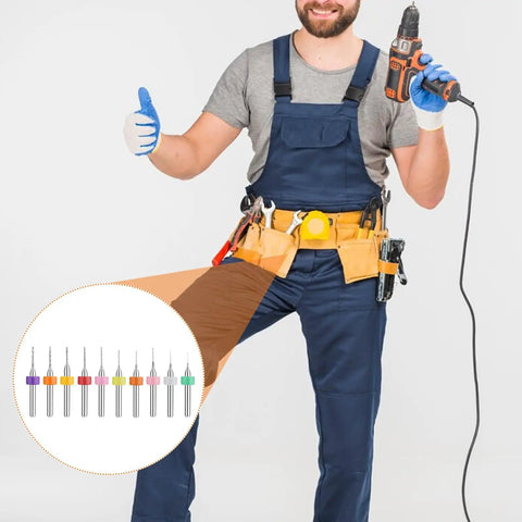 Worker holding drill with Pro Grade Micro Drill Bit Set 0.3-1.2mm Shank Tungsten Carbide Bits for PCB Engraving highlighted
