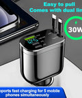 Retractable Four In One Car Charger With Built Dual USBC Cables Durable PC Housing Built Tough For Rough Drives Slap It In Your Dashboard And Slay Those Dead Phone Screens Fast Reliable Power Anywhere, featuring dual cables and voltage display.