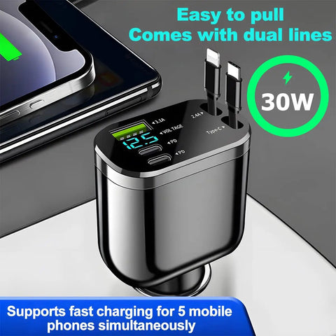 Retractable Four In One Car Charger With Built Dual USBC Cables Durable PC Housing Built Tough For Rough Drives Slap It In Your Dashboard And Slay Those Dead Phone Screens Fast Reliable Power Anywhere, featuring dual cables and voltage display.