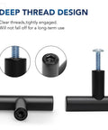 3 Pack Black Stainless Steel T Bar Cabinet Pulls For Dresser Drawers With Four Inch Hole Center And Six Inch Length Matte Black Kitchen Cabinet Hardware Durable Modern Handles, showing close-up of deep thread design.