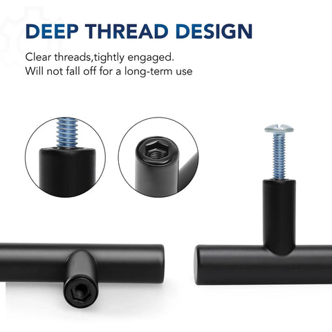 3 Pack Black Stainless Steel T Bar Cabinet Pulls For Dresser Drawers With Four Inch Hole Center And Six Inch Length Matte Black Kitchen Cabinet Hardware Durable Modern Handles, showing close-up of deep thread design.