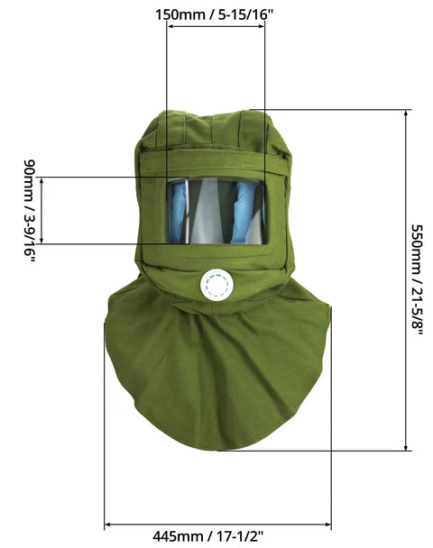 Front view of green Sand Blasting Hood Cap Shawl Mask For Full Face And Shoulder Shield Anti Dust Wind Resistant Sandblasting Mask