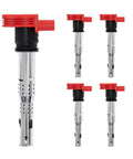 Set of five ignition coils, focus on Ignition Coil Pack UF575 Replacement for VW Jetta Beetle Audi engines, red and black design.